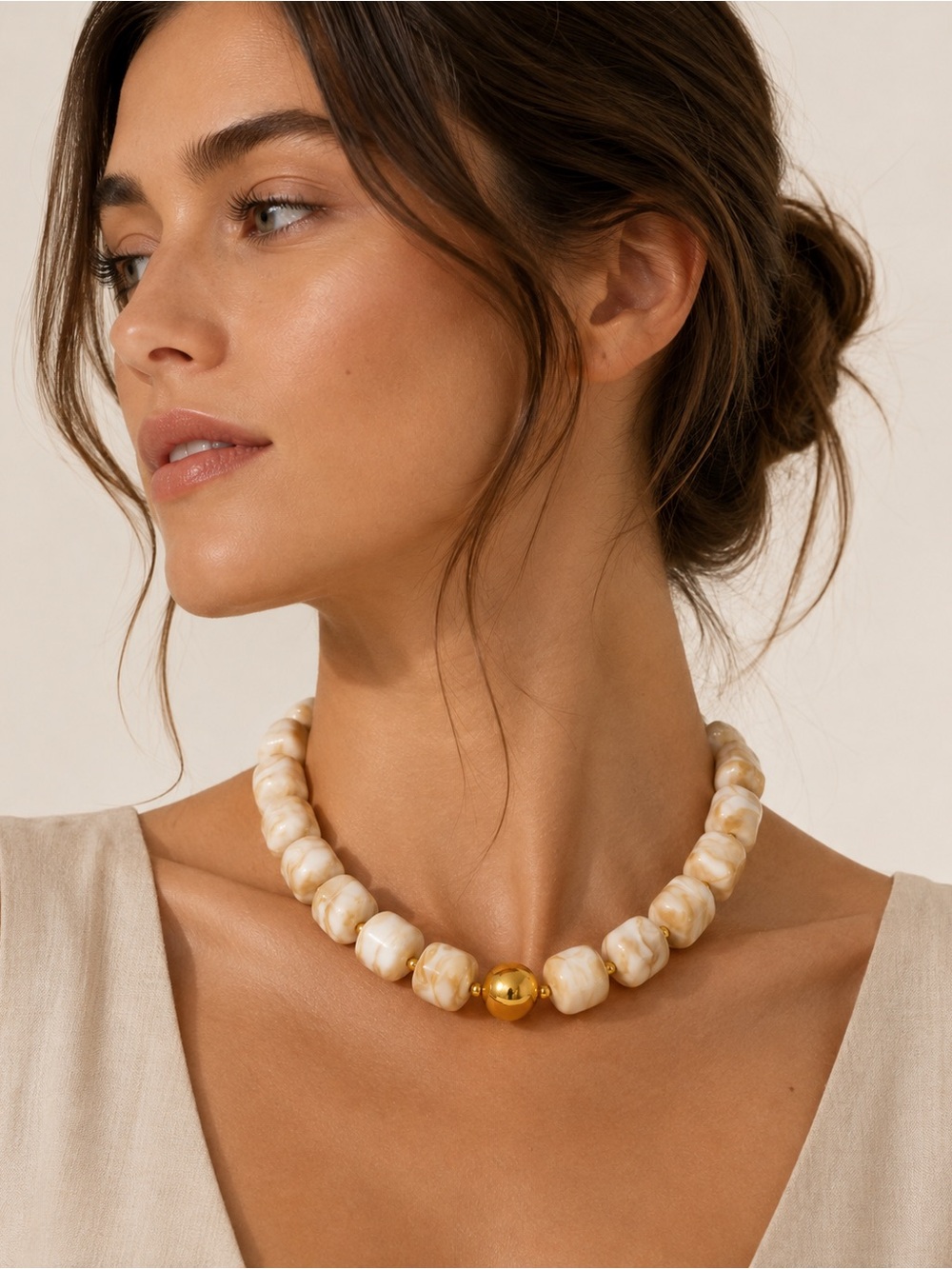 Modern Cream Marble Beaded Necklace with Gold Accent